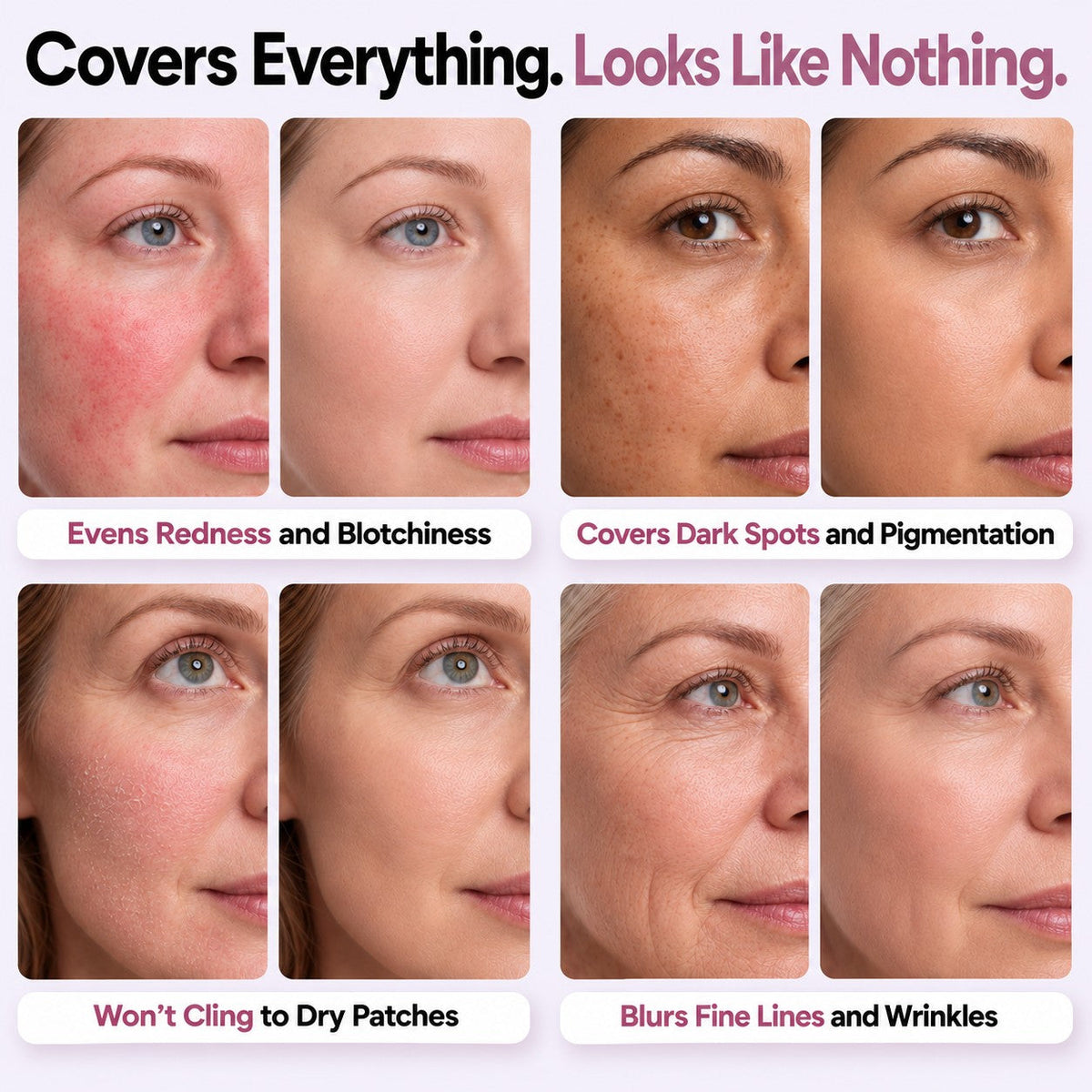 Before and after on redness, dark spots, dry patches and fine lines